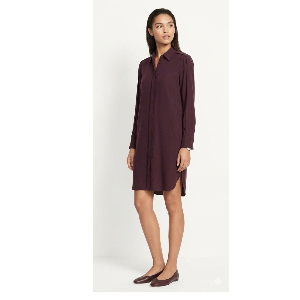 Vince Burgundy Plum Silk Long Sleeve Button Front Shirt Dress with Pockets sz 8